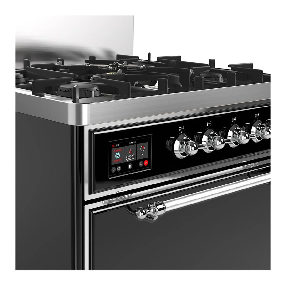 ILVE dual fuel range cooktop with black grates and chrome control knobs on glossy black panel