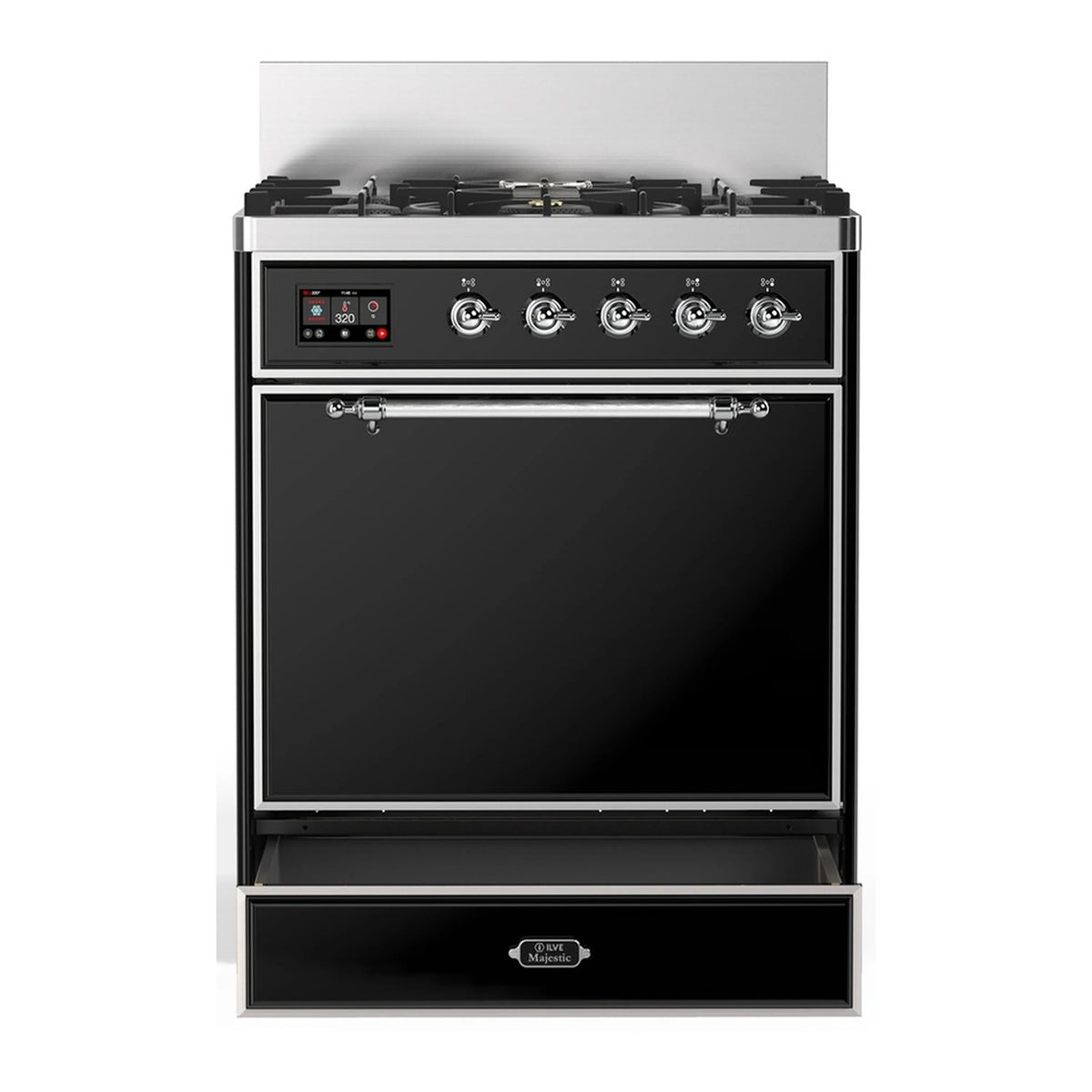 Glossy black oven door with chrome handle and control panel knobs on dual fuel range