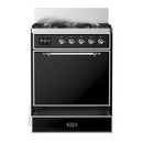 ILVE Majestic III 30-inch Dual Fuel Range with 5 Liquid Propane Burner and Solid Door Electric Oven in Glossy Black with Chrome Trim (UM30QNR3BKCLP)