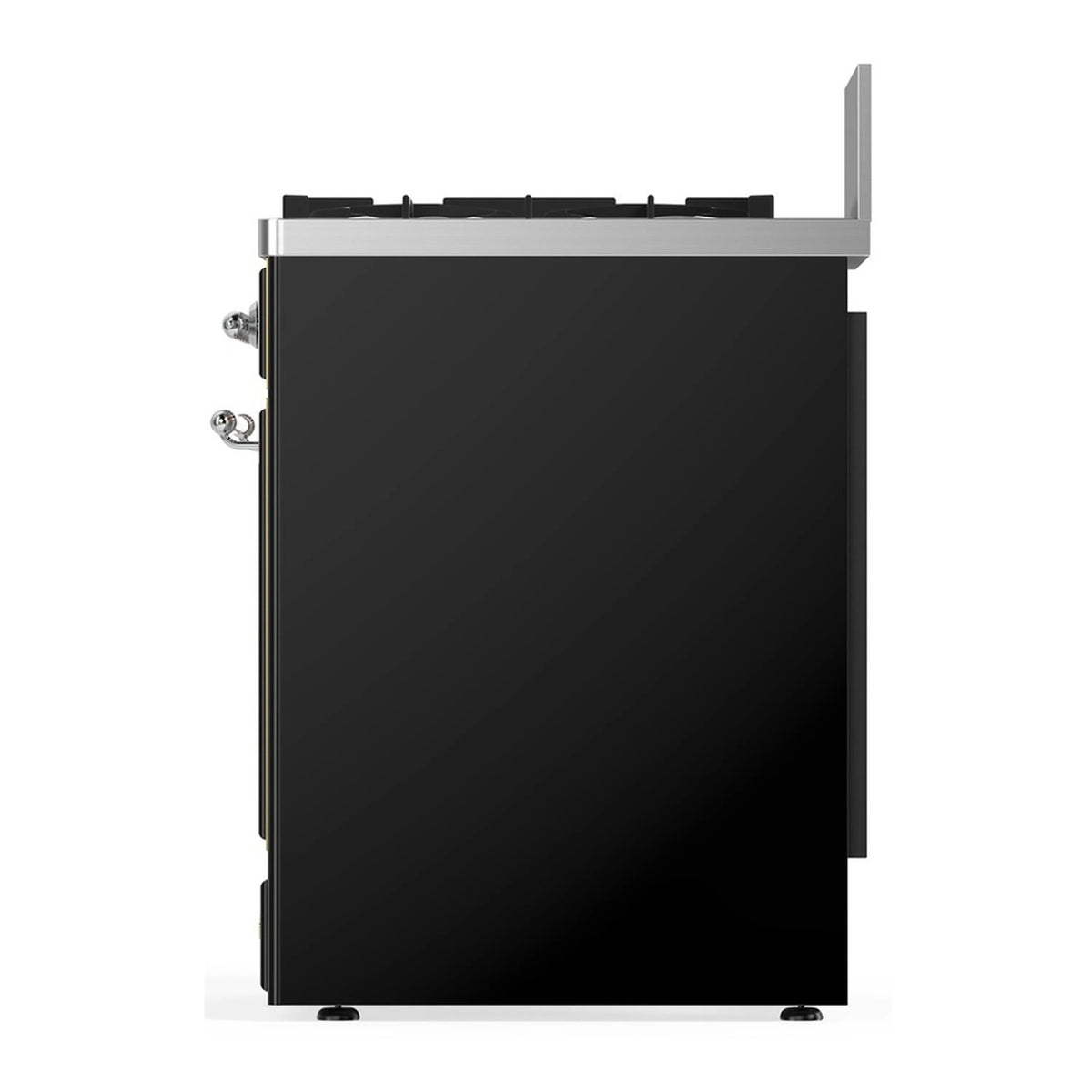 Glossy black range side panel with chrome handle hardware and rear opening
