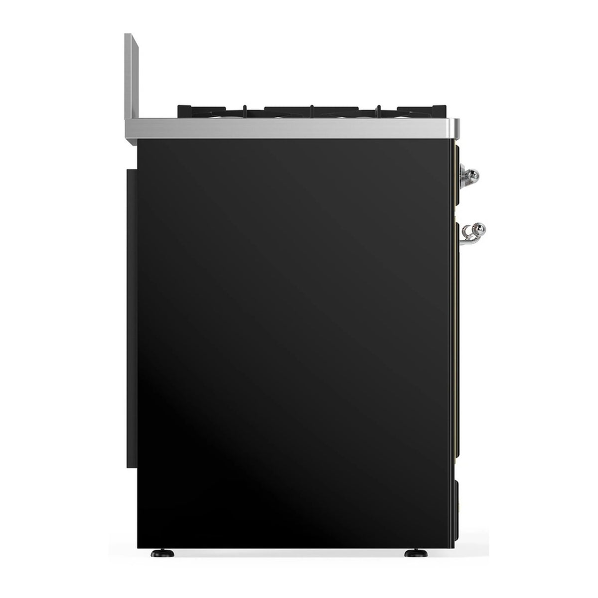 Glossy black range back panel with chrome hinge hardware and leveling feet