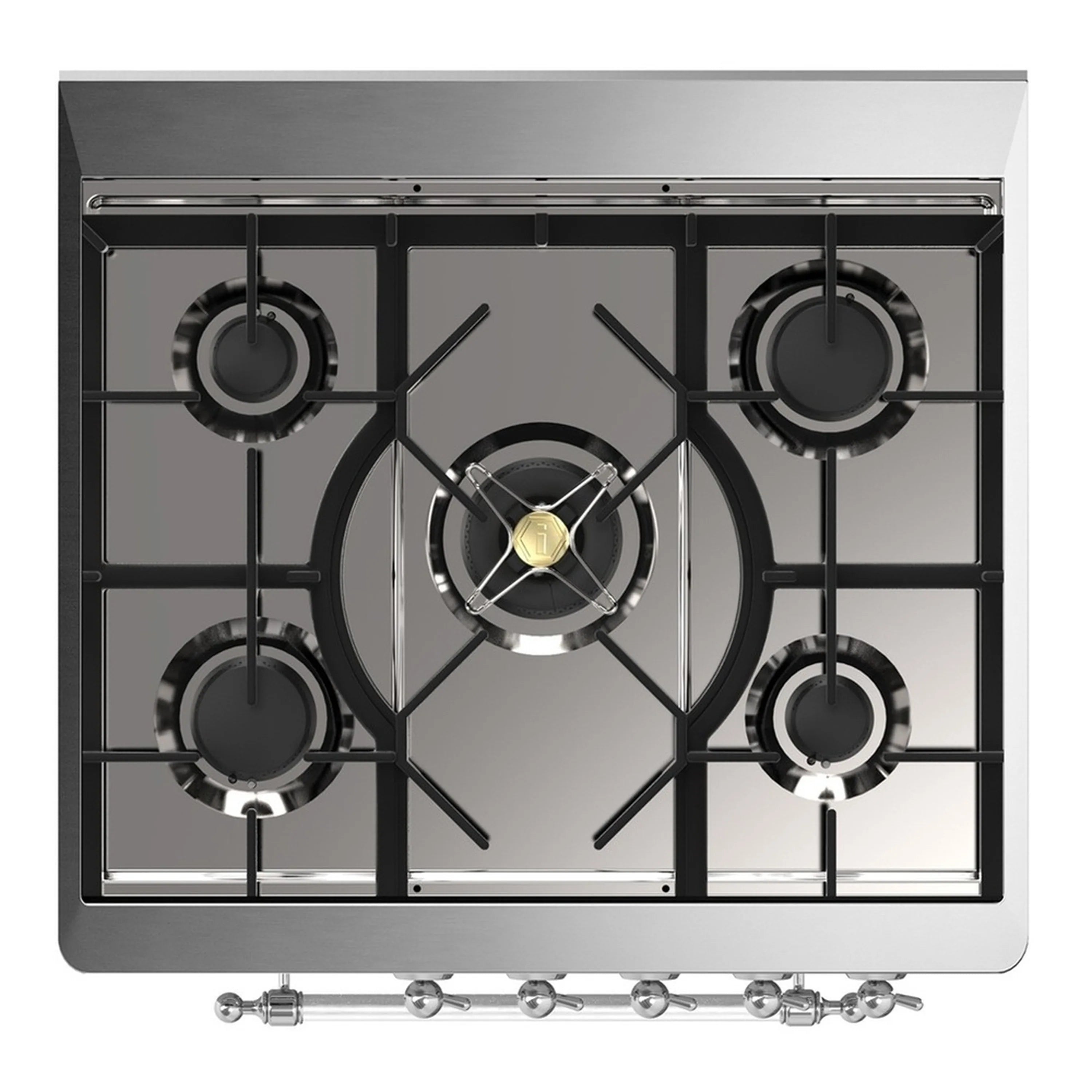 Dual fuel cooktop with 5 burner grates, chrome burner rings, and centered burner cap