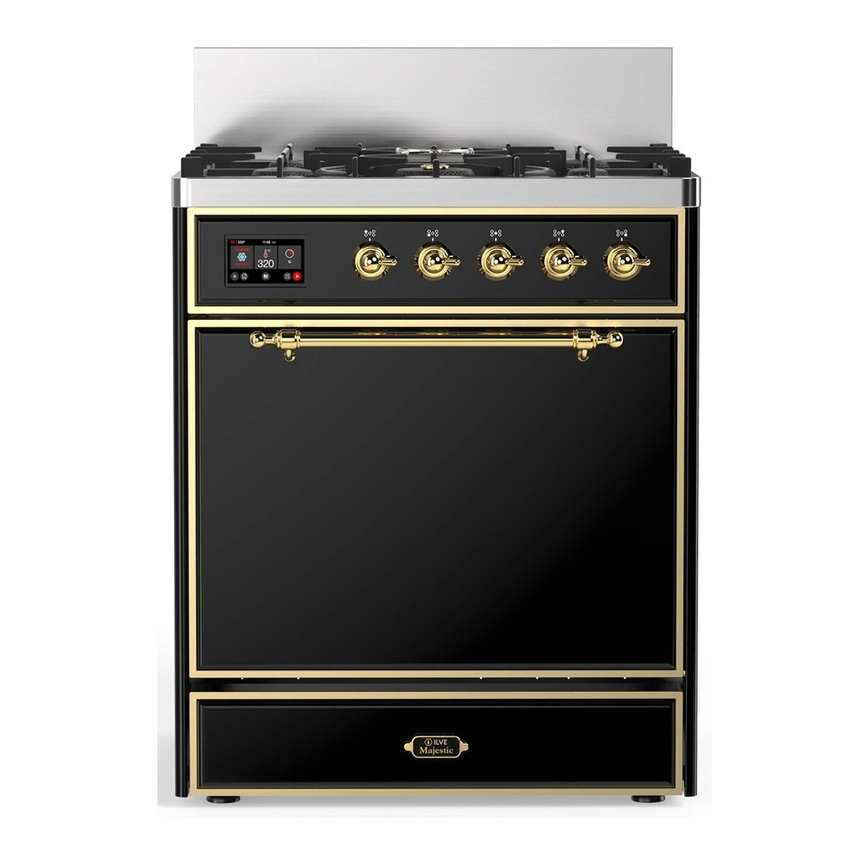 Glossy black dual fuel range with brass trim, five gas burners, and solid oven door