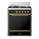 ILVE Majestic III 30-inch Dual Fuel Range with 5 Natural Gas Burner and Solid Door Electric Oven in Glossy Black with Brass Trim (UM30QNR3BKG)