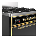 ILVE Majestic III 30-inch Dual Fuel Range with 5 Natural Gas Burner and Solid Door Electric Oven in Glossy Black with Brass Trim (UM30QNR3BKG)