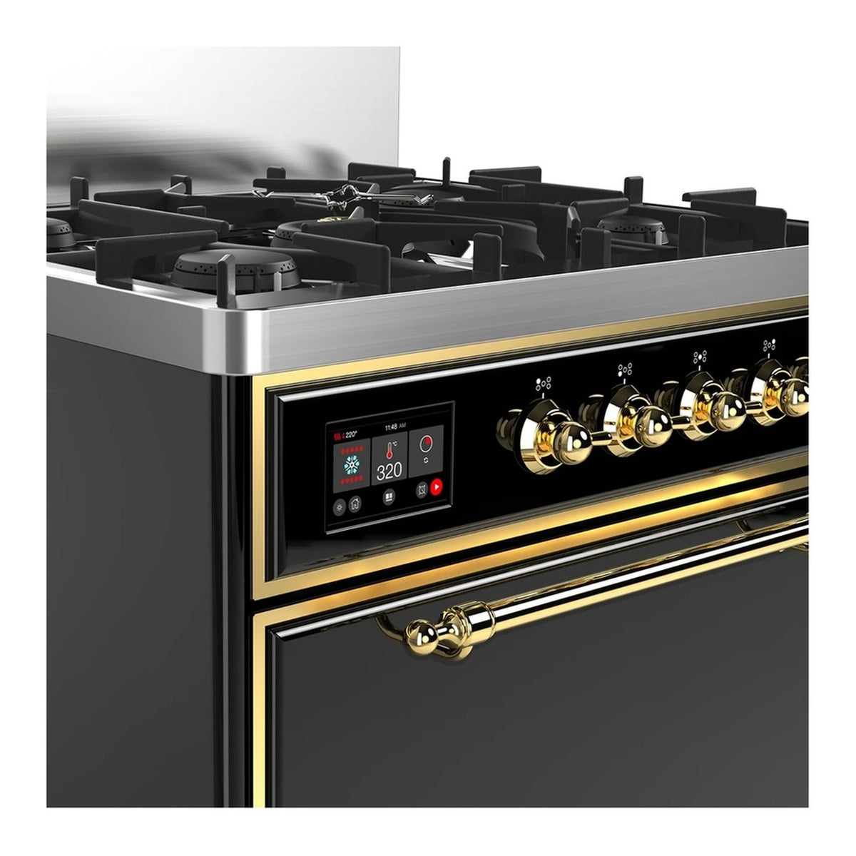 Black range control panel with brass trim and glowing LED display, oven side view