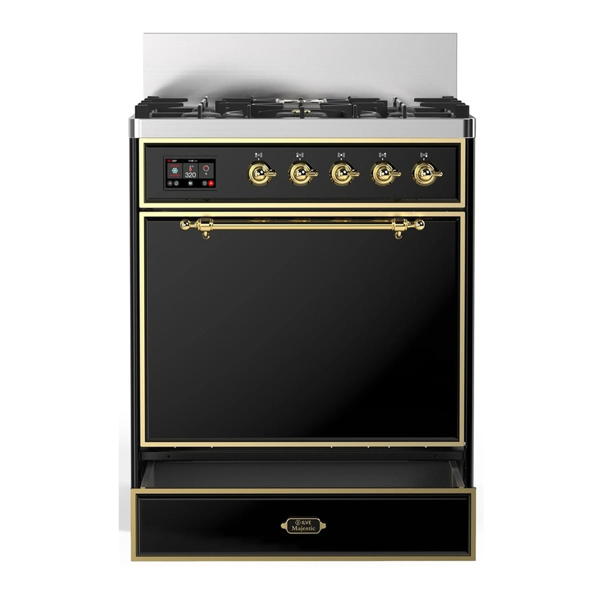 Glossy black dual fuel range with brass-trim oven door and five burner control knobs