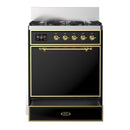 ILVE Majestic III 30-inch Dual Fuel Range with 5 Natural Gas Burner and Solid Door Electric Oven in Glossy Black with Brass Trim (UM30QNR3BKG)
