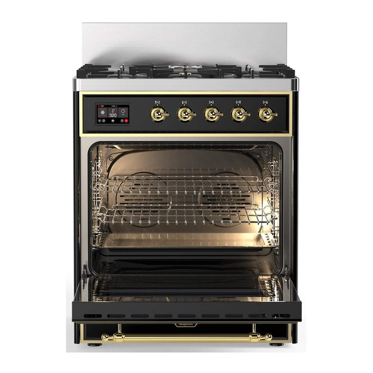 Open black electric oven with wire racks and brass handle, range front