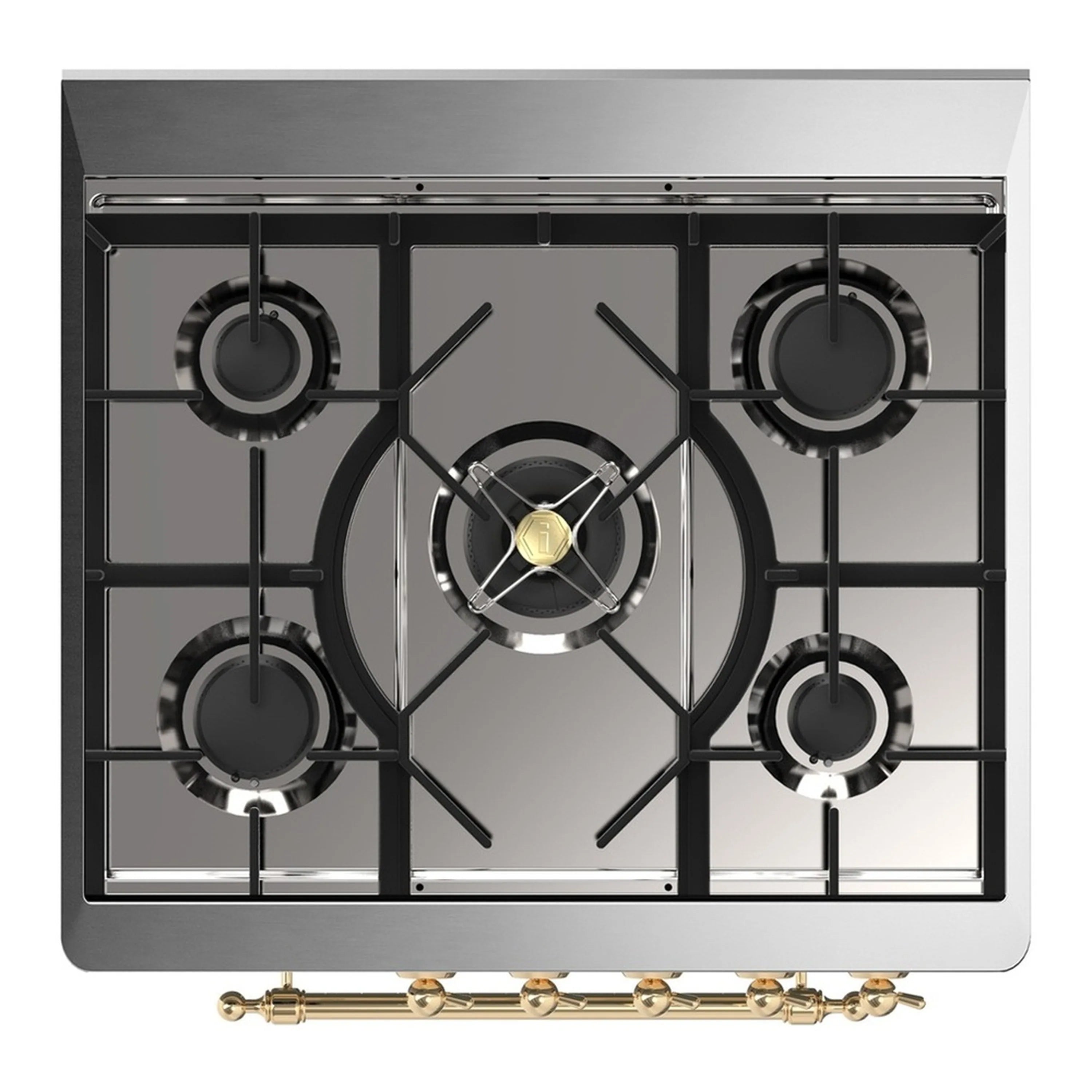 Dual fuel range cooktop with four gas burners, black grates, and brass control bar