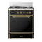 ILVE Majestic III 30-inch Dual Fuel Range with 5 Natural Gas Burner and Solid Door Electric Oven in Glossy Black with Brass Trim (UM30QNR3BKG)
