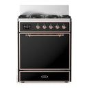 ILVE Majestic III 30-inch Dual Fuel Range with 5 Natural Gas Burner and Solid Door Electric Oven in Glossy Black with Copper Trim (UM30QNR3BKP)