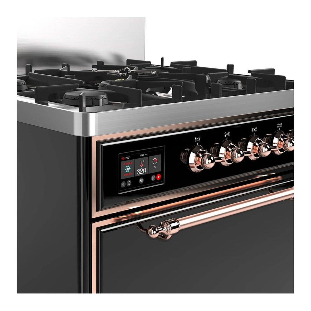 Digital display and copper control knobs on glossy black dual-fuel range