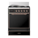 ILVE Majestic III 30-inch Dual Fuel Range with 5 Natural Gas Burner and Solid Door Electric Oven in Glossy Black with Copper Trim (UM30QNR3BKP)