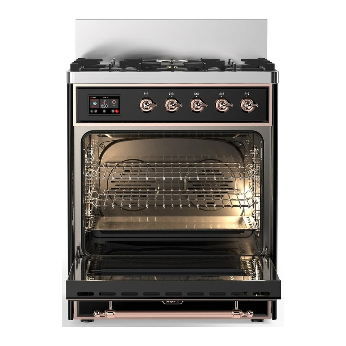 Open oven cavity with racks and back heating element on glossy black dual-fuel range
