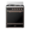 ILVE Majestic III 30-inch Dual Fuel Range with 5 Natural Gas Burner and Solid Door Electric Oven in Glossy Black with Copper Trim (UM30QNR3BKP)