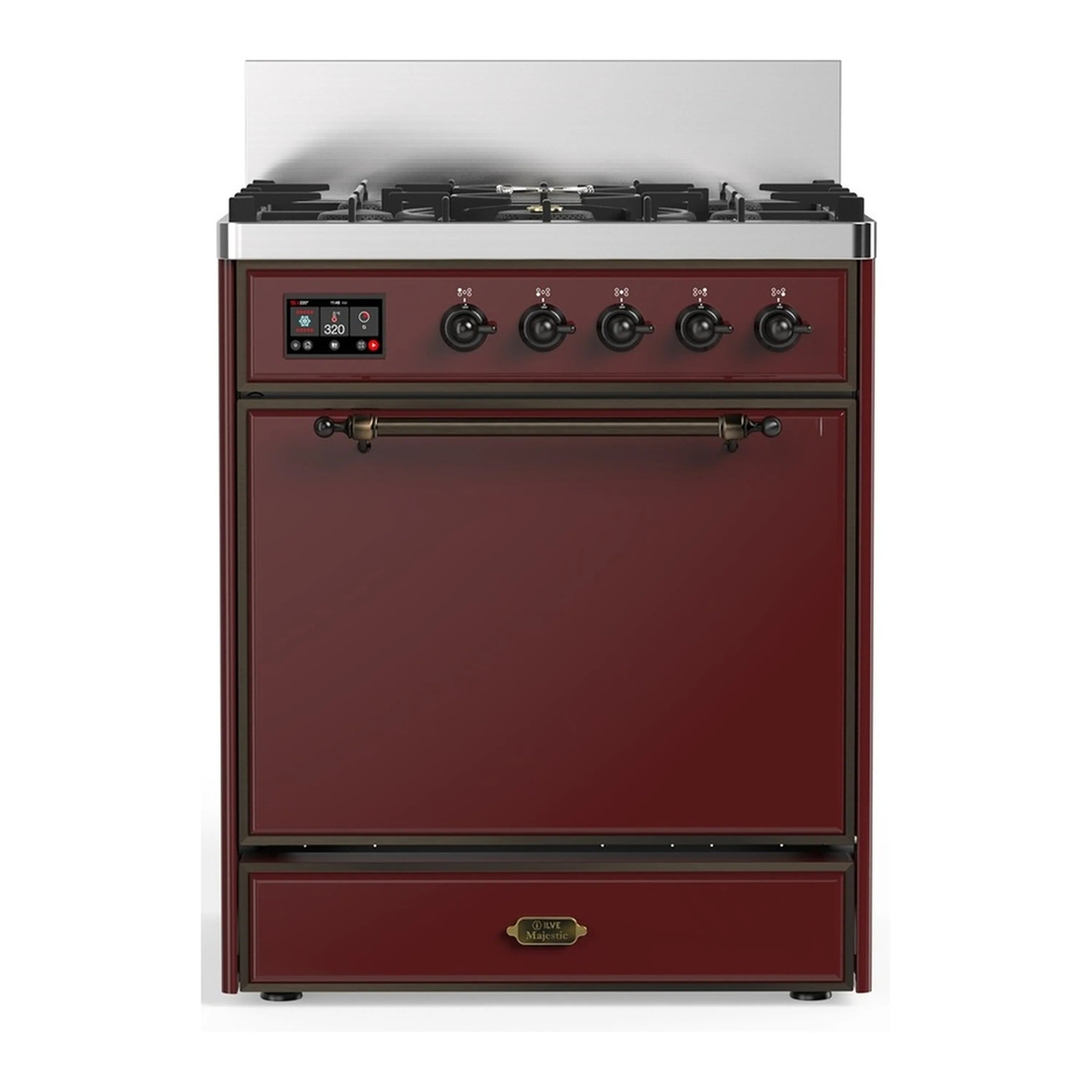 Burgundy dual fuel range front view with five burners, knobs, and oven door