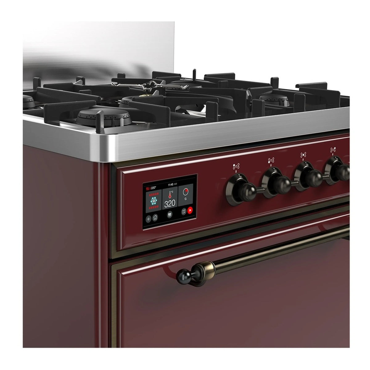 Burgundy dual fuel range control panel with five gas burners and black grates