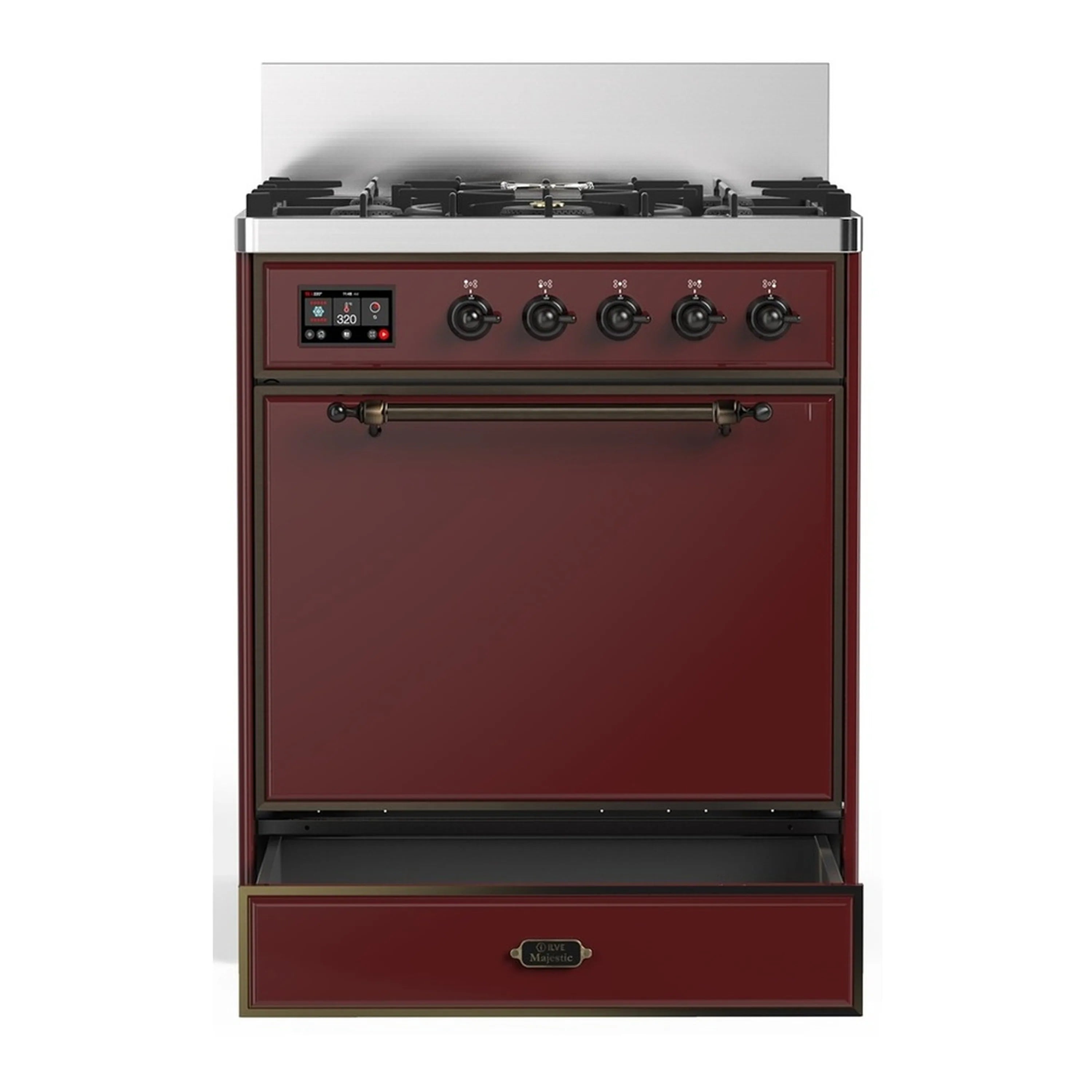Burgundy dual fuel range with five gas burners, control knobs, and solid oven door