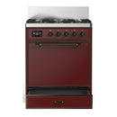 ILVE Majestic III 30-inch Dual Fuel Range with 5 Liquid Propane Burner and Solid Door Electric Oven in Burgundy with Burnished Trim (UM30QNR3BUBLP)