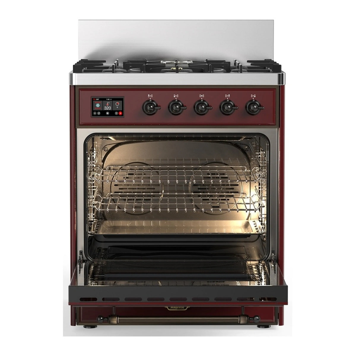 Burgundy dual fuel range with open oven door and wire rack inside