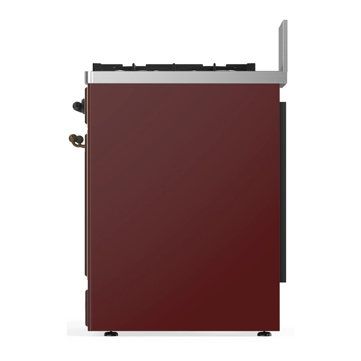 Burgundy dual fuel range side panel with burnished trim and rear vent