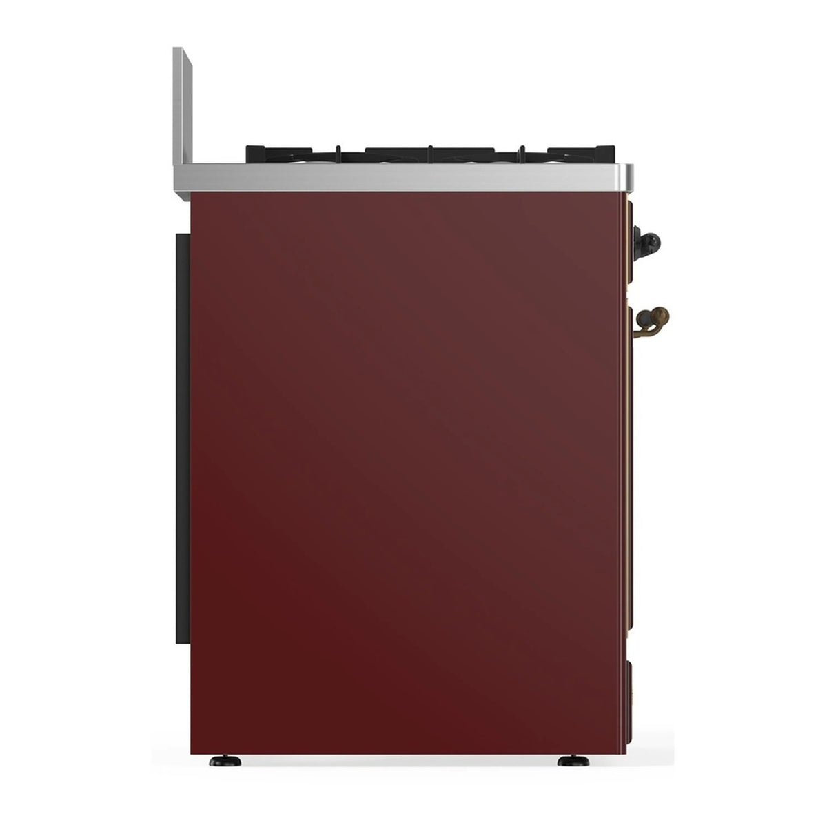 Burgundy dual fuel range back view with side handles and burnished trim