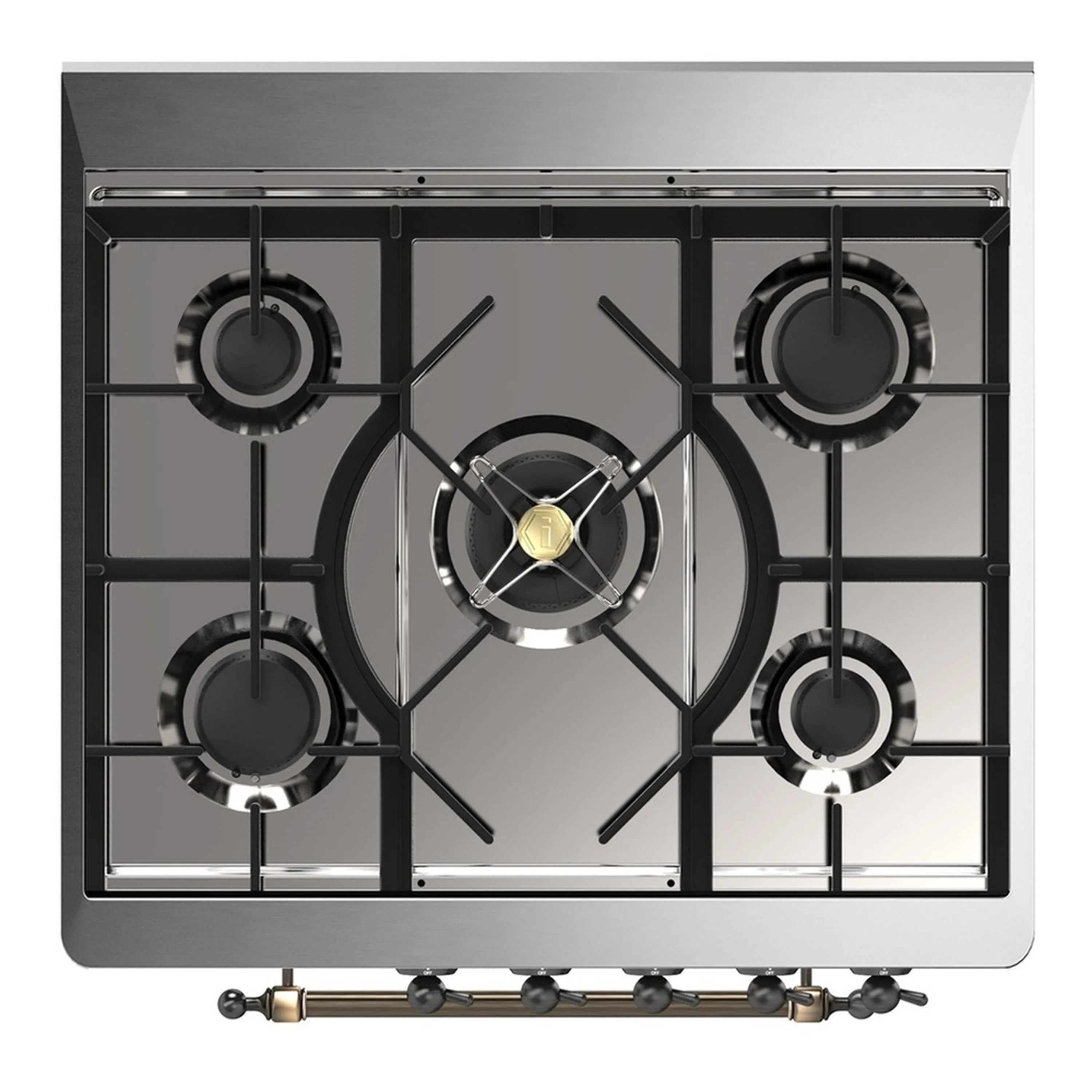 Stainless cooktop with five gas burners and black cast-iron grates