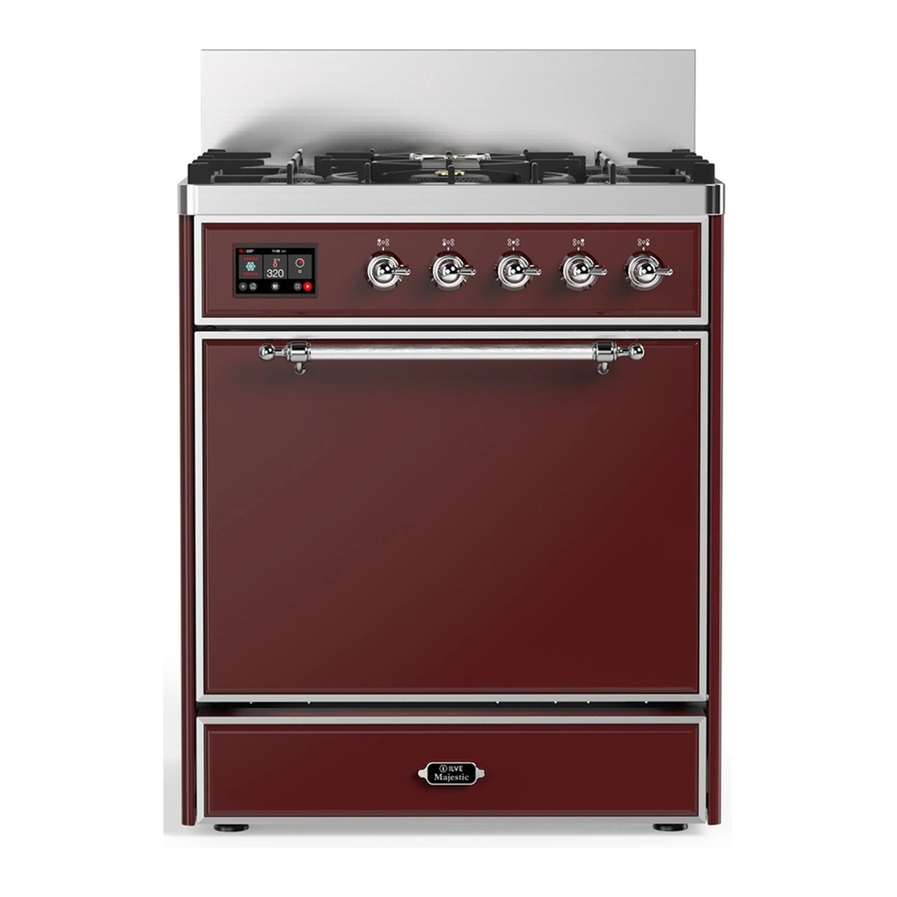 Burgundy dual fuel range with 5 gas burners and chrome trim, solid oven door