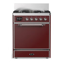 ILVE Majestic III 30-inch Dual Fuel Range with 5 Natural Gas Burner and Solid Door Electric Oven in Burgundy with Chrome Trim (UM30QNR3BUC)