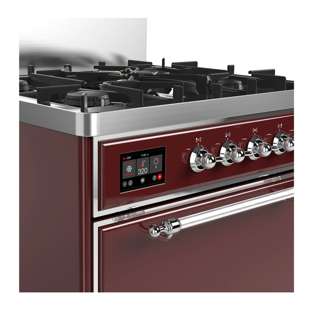 Burgundy dual fuel range control panel with chrome knobs and digital display.