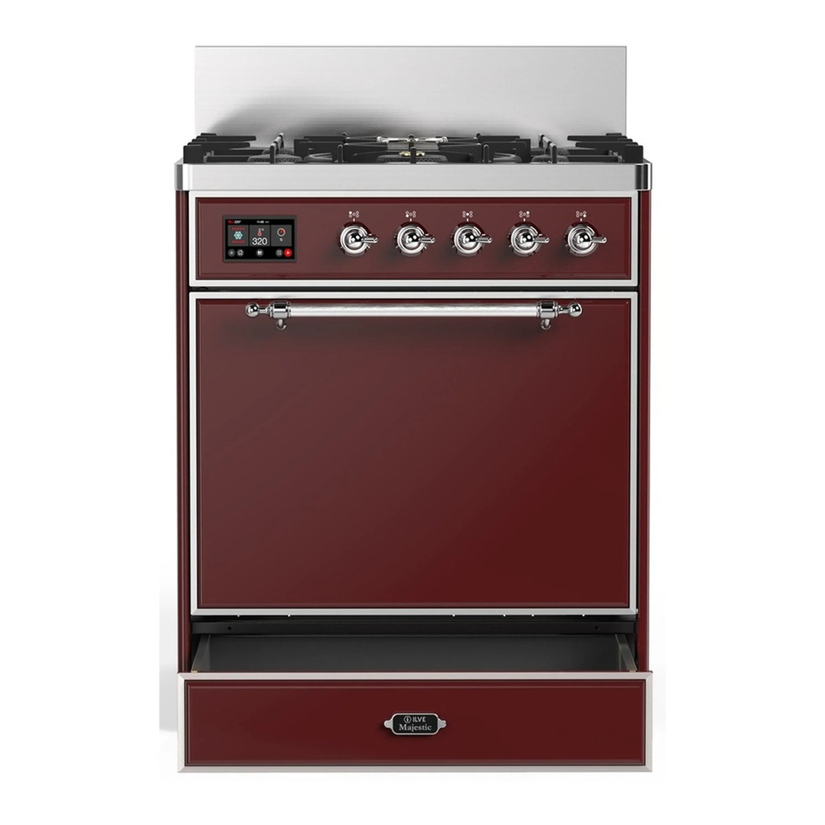 Burgundy dual fuel range with 5 burners, chrome control rail, and storage drawer