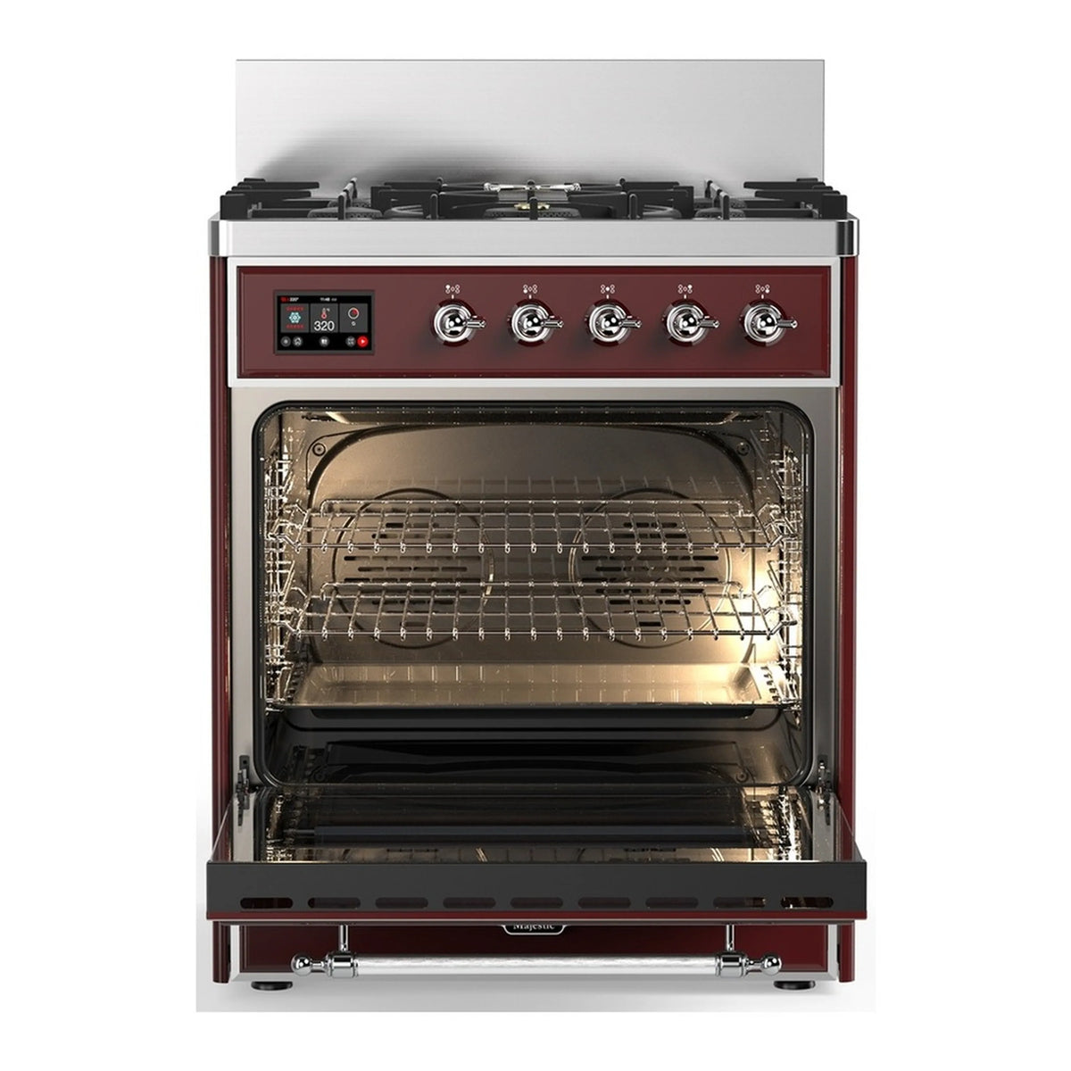 Burgundy dual fuel oven with open cavity, racks, and chrome trim.