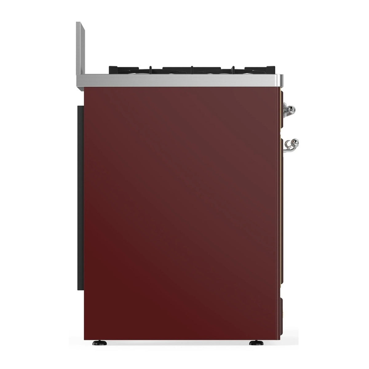Burgundy dual fuel range side panel with chrome trim and leveling feet.