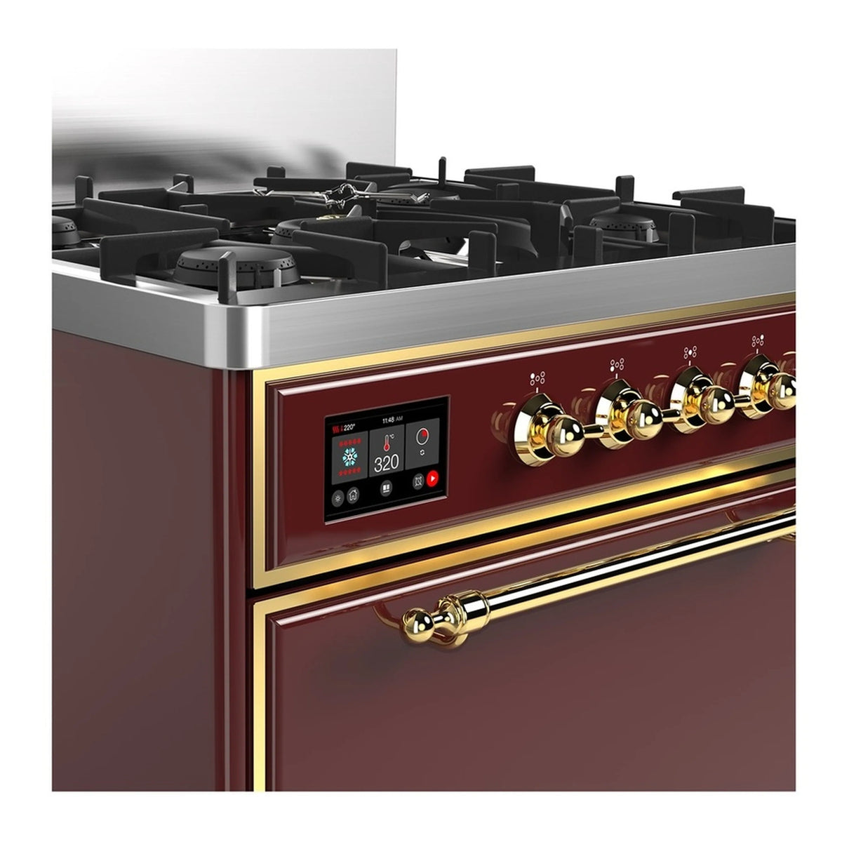 Burgundy range front corner with brass control knobs, digital display, and black grate cooktop