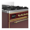 ILVE Majestic III 30-inch Dual Fuel Range with 5 Liquid Propane Burner and Solid Door Electric Oven in Burgundy with Brass Trim (UM30QNR3BUGLP)