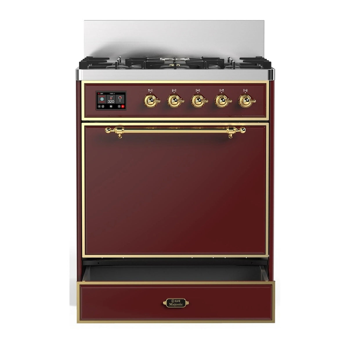 Burgundy dual fuel range with brass trim, control panel and closed oven door