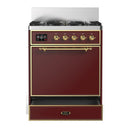 ILVE Majestic III 30-inch Dual Fuel Range with 5 Natural Gas Burner and Solid Door Electric Oven in Burgundy with Brass Trim (UM30QNR3BUG)
