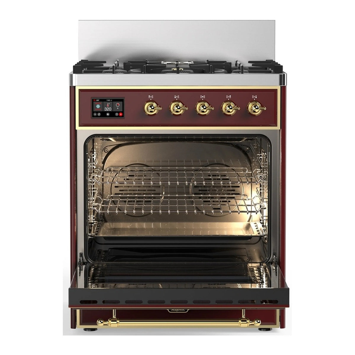 Burgundy oven range with open door showing racks and interior bake chamber, front view