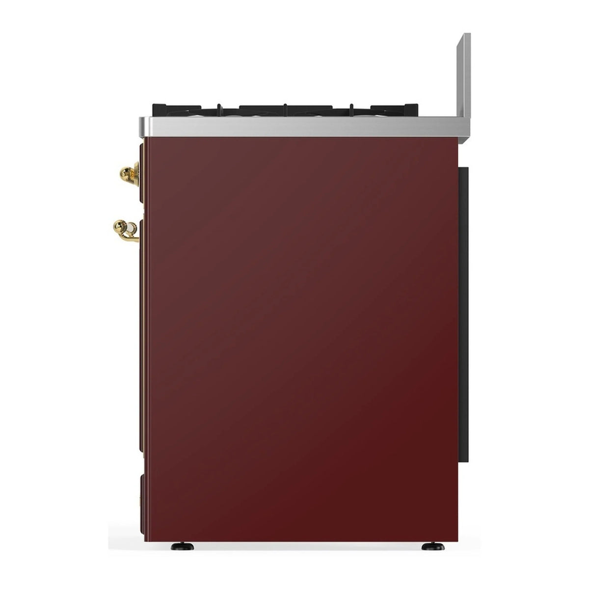 Burgundy range side panel with brass handle pulls and vented gray rear frame