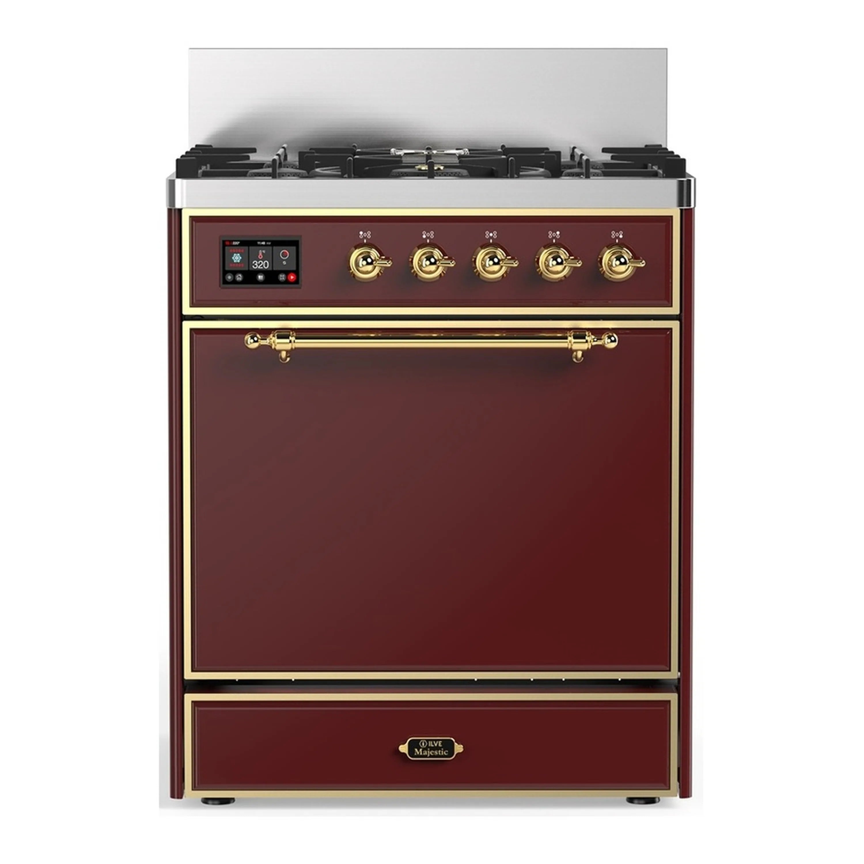 Burgundy dual fuel range with brass trim, five burner cooktop and glass oven door, front view