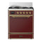 ILVE Majestic III 30-inch Dual Fuel Range with 5 Natural Gas Burner and Solid Door Electric Oven in Burgundy with Brass Trim (UM30QNR3BUG)