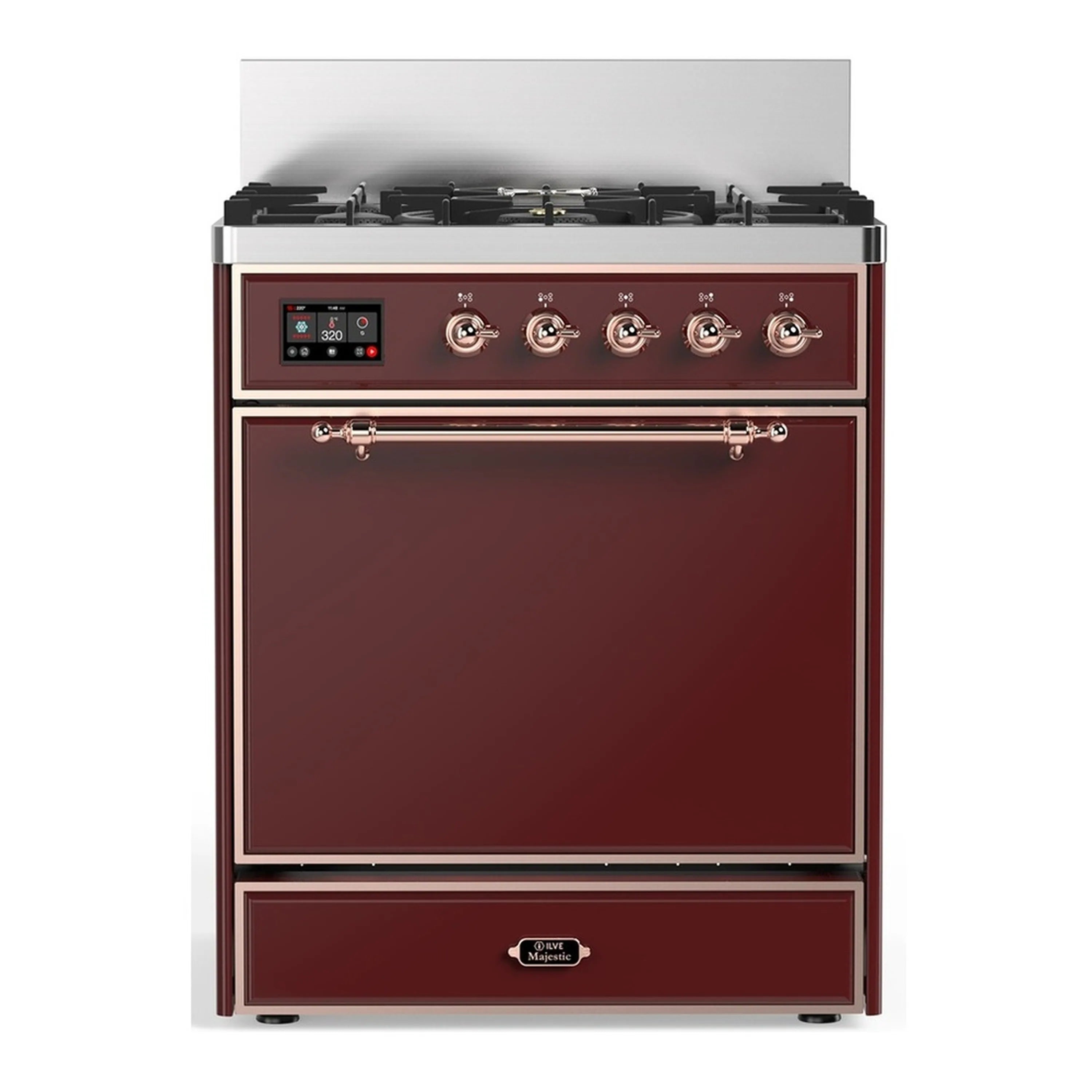 Burgundy dual fuel range with 5 gas burners, copper-trimmed controls, and solid door oven.