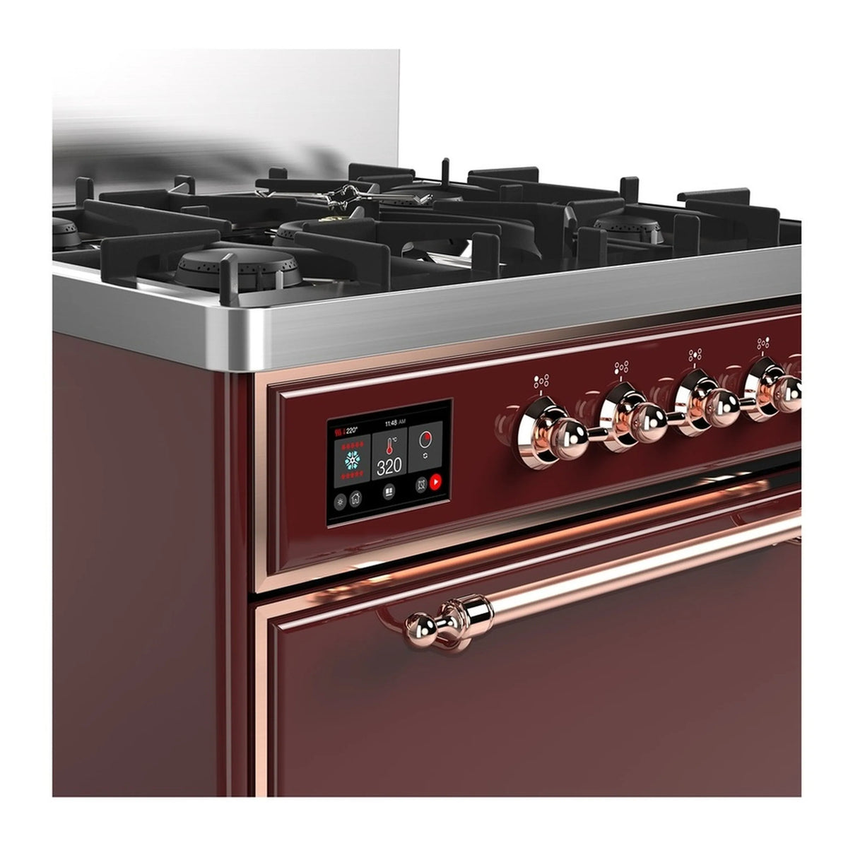 Burgundy dual fuel range front with stainless burner grates, control panel, and copper knobs.