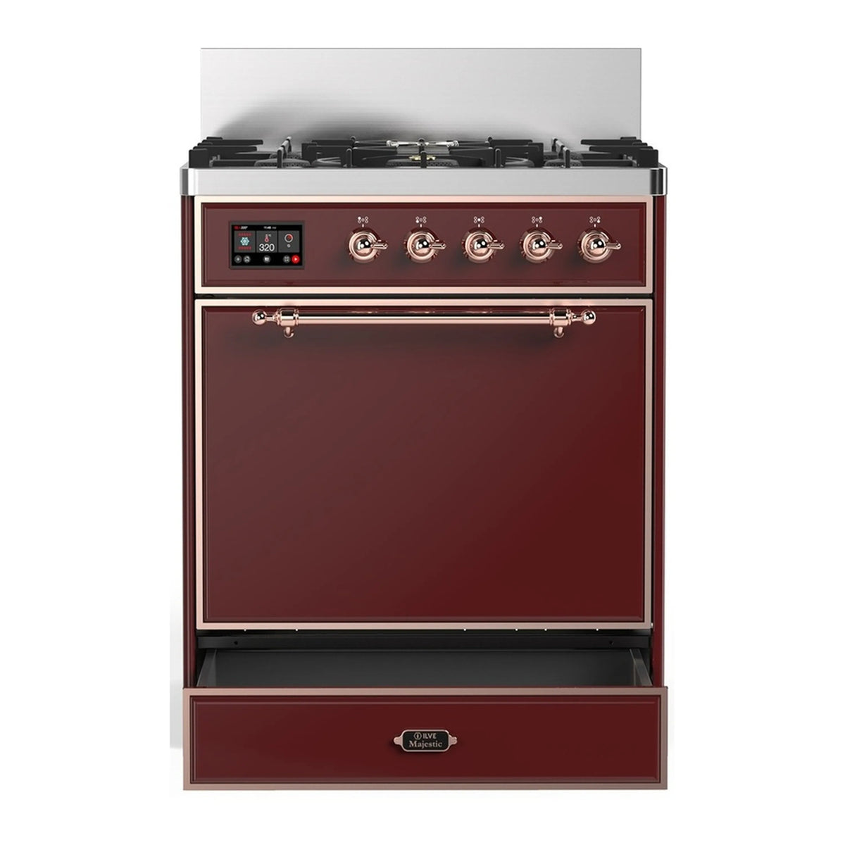 Burgundy dual fuel range with copper-trimmed control panel, 5 burners, and closed oven door.