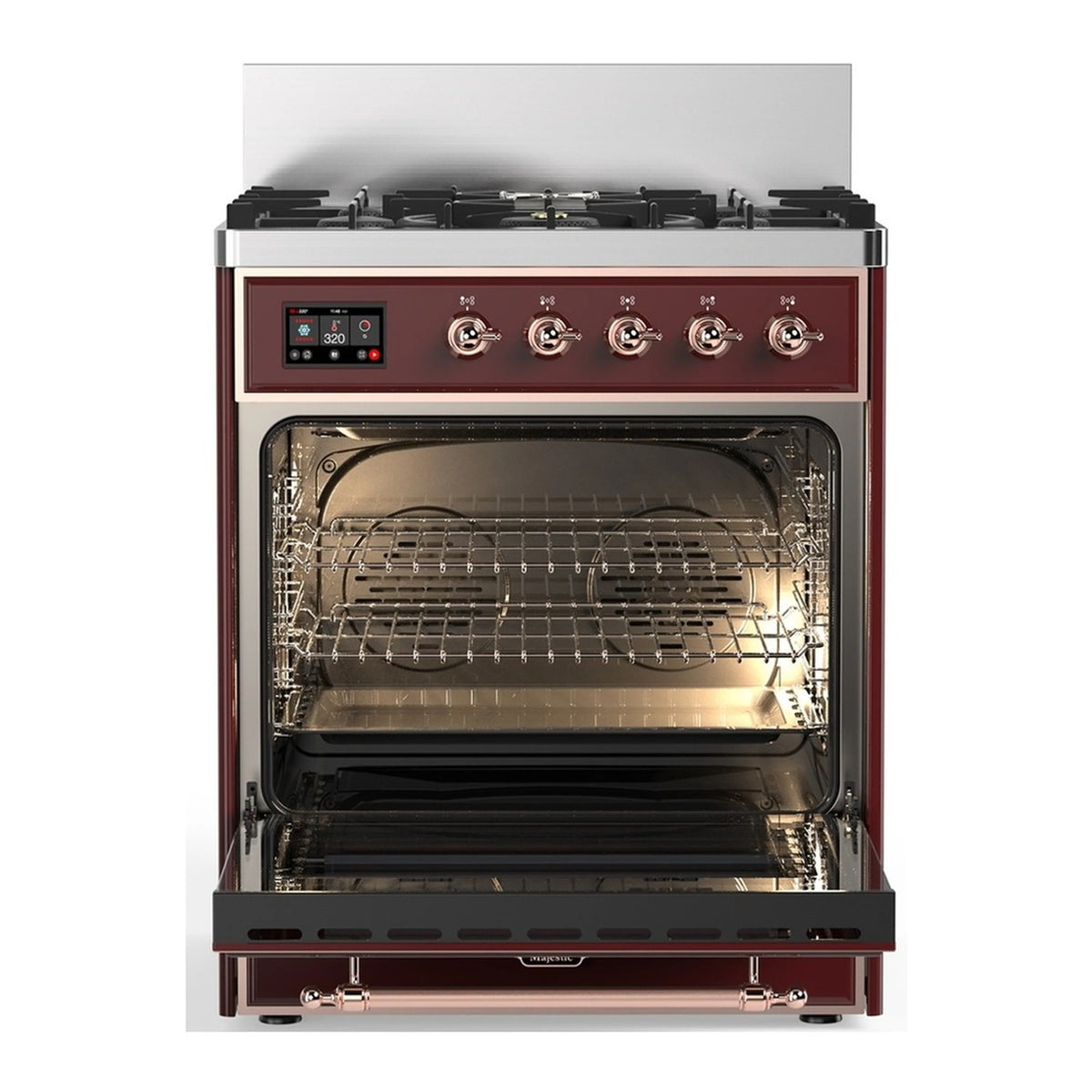 Burgundy dual fuel range with oven door open, showing racks and interior heating elements.