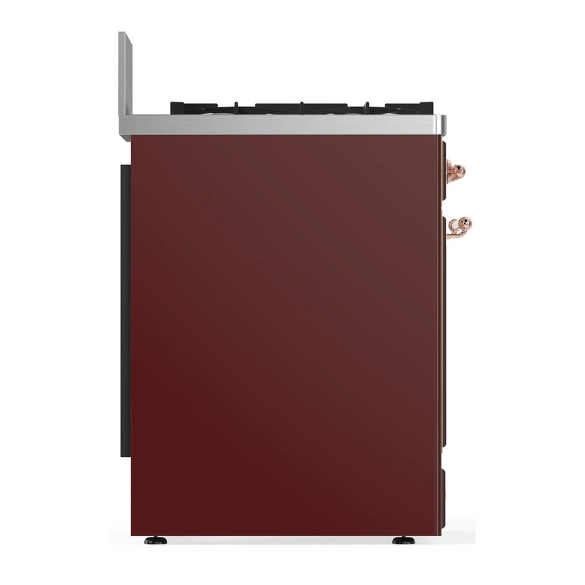 Burgundy dual fuel range rear-side view with copper trim handles and backguard.