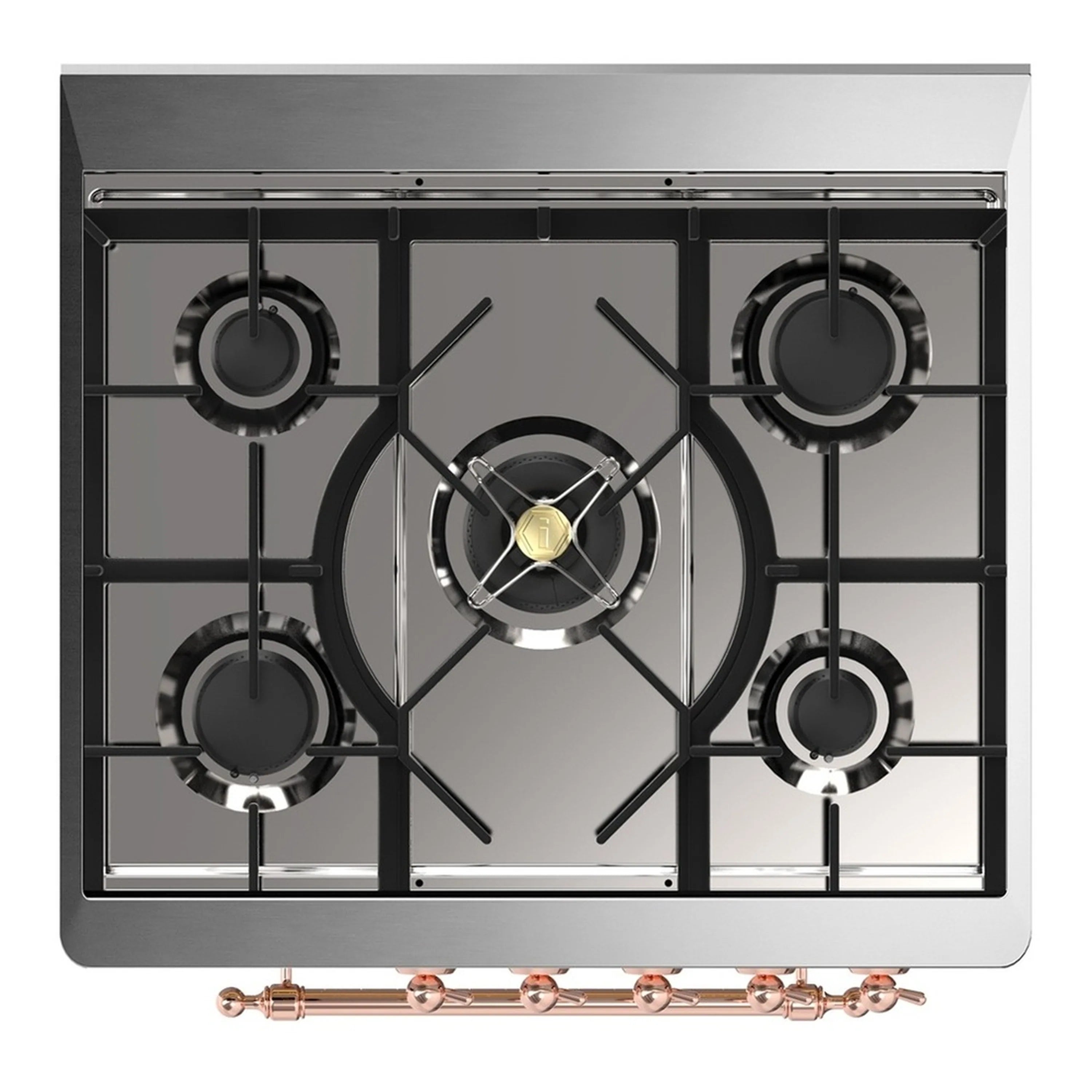 Stainless-and-burner cooktop with four black grates and copper gas fittings on a range.