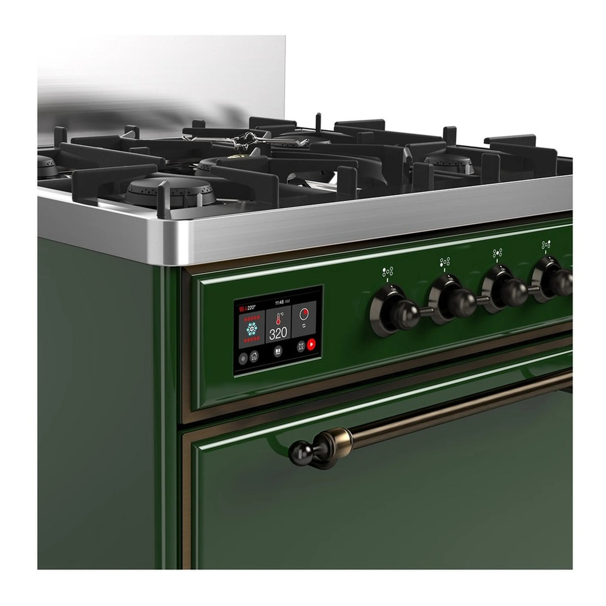 Emerald green range control panel with digital display and burner knobs