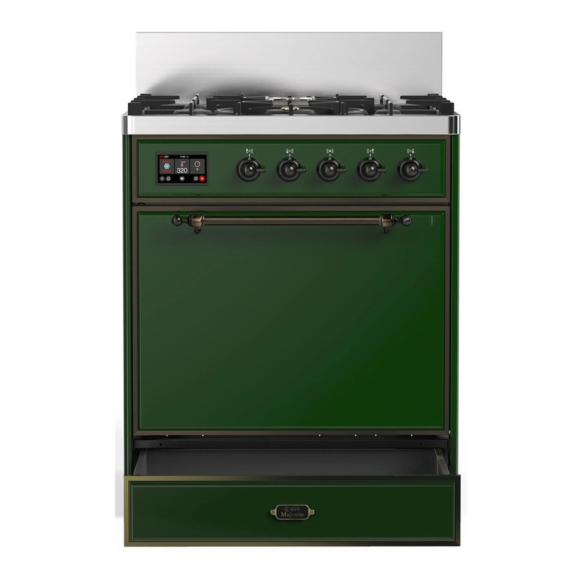 ILVE emerald green dual fuel range front with oven door and control knobs